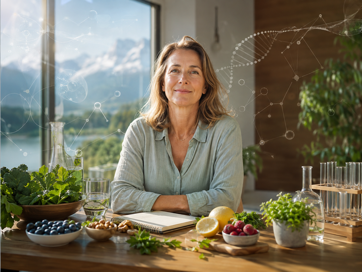 Natur, gesunde Ernährung und dezente Wissenschaftssymbole – ganzheitliche und funktionelle Gesundheitsbegleitung